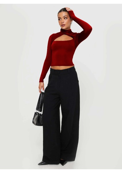 Kadın Uzun Kollu Cut Out Bluz – Çapraz Yaka, Crop Fit, Esnek Kumaş fiyatları