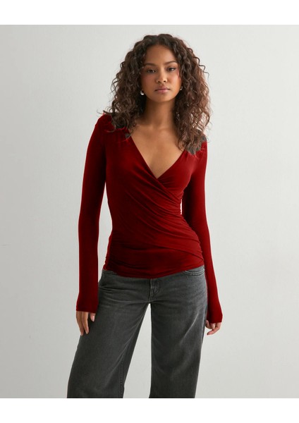 Uzun Kollu V Yaka Kruvaze Bluz fırsatları