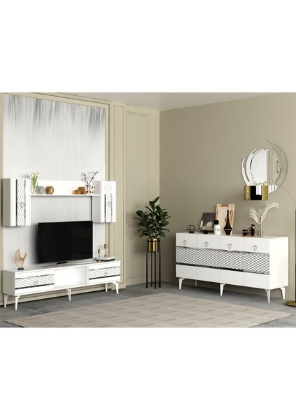 Pelinct Tv Ünitesi ve Konsol 2li Salon Takımı Beyaz Gümüş