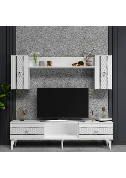 Pelinct Tv Ünitesi ve Konsol 2li Salon Takımı Beyaz Gümüş indirimleri