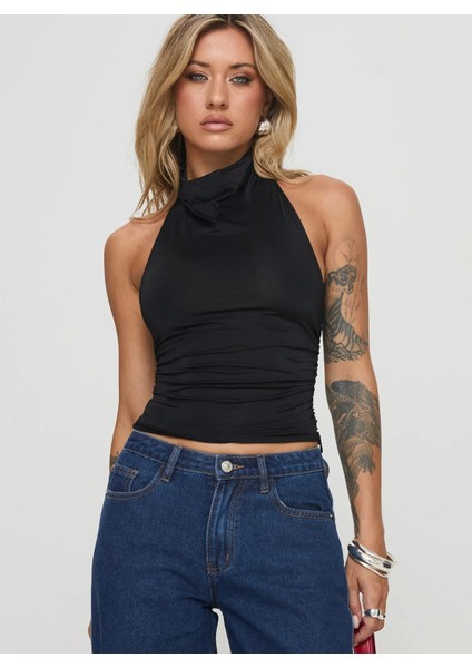 Halter Yaka Büzgülü Kısa Bluz