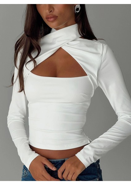 Kadın Uzun Kollu Cut Out Bluz – Çapraz Yaka, Crop Fit, Esnek Kumaş