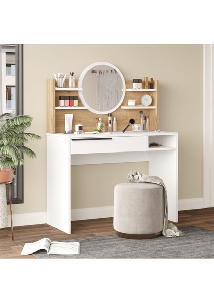 Ocean Makyaj Masası Aynalı Raflı Çekmeceli Sepet-Beyaz ON28-SW