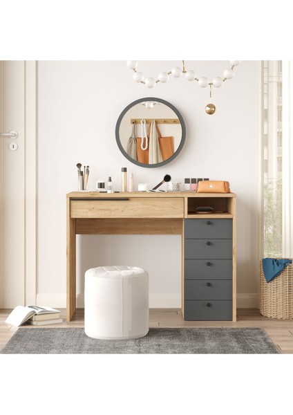 Ocean Makyaj Masası Aynalı Çekmeceli Şifonyer Sepet-Antrasit ON29-SA