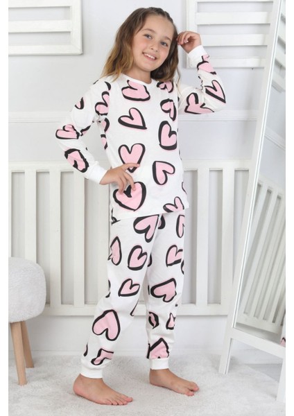 Kalp Desenli Fitilli Interlok Kumaş %100 Pamuk Kız Çocuk Pijama Takımı