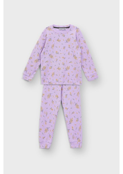 Başak Çiçeği Desenli Lila Fitilli Interlok Kumaş %100 Pamuk Kız Çocuk Pijama Takımı