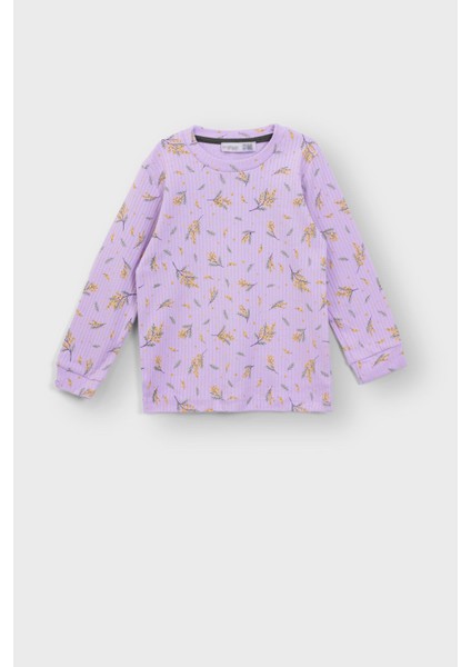 Başak Çiçeği Desenli Lila Fitilli Interlok Kumaş %100 Pamuk Kız Çocuk Pijama Takımı fiyatları