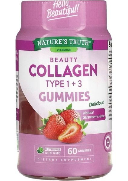 , Beauty Collagen Gummies, Types 1 + 3, Natural Strawberry, 60 Gummies