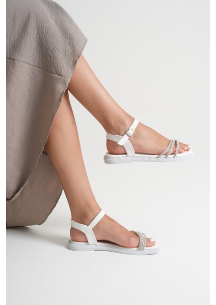 Kadın Spiral Şerit Taşlı Bilekten Bantlı Düz Taban Beyaz Sandalet fiyatları