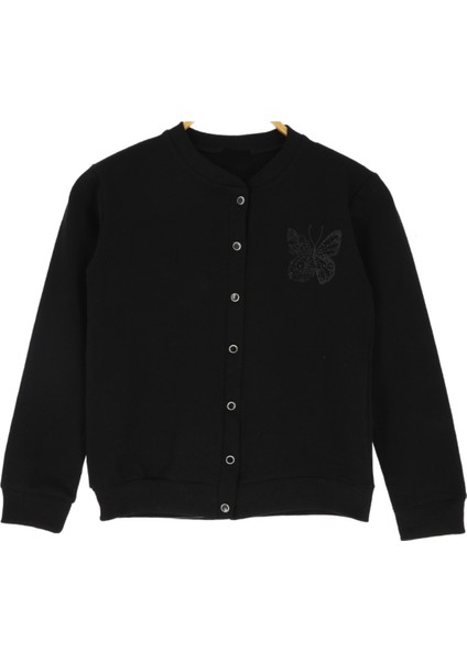 Kız Çocuk Kelebek Nakışlı Düğme Kapamalı Siyah Renk Hırka