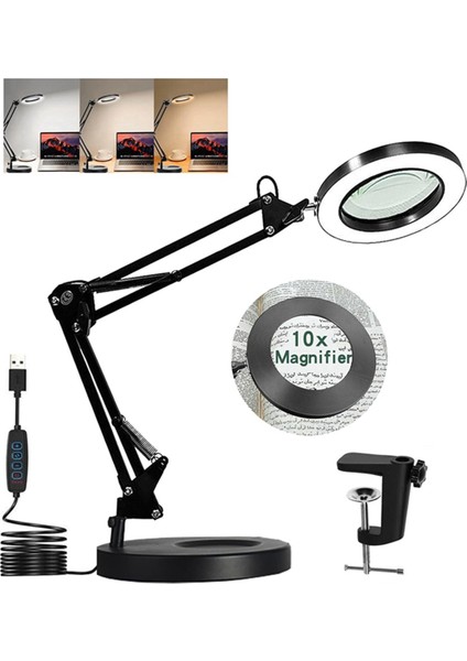 Işık ve Stand ile Büyüteç, 10X Büyütme Lambası, Kelepçeli 2&#39;si 1 Arada Büyütme Masa Lambası, 3 Renk Modu (Yurt Dışından) fiyatları