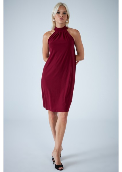 Kadın Bordo Halter Yaka Midi Elbise LPP1309