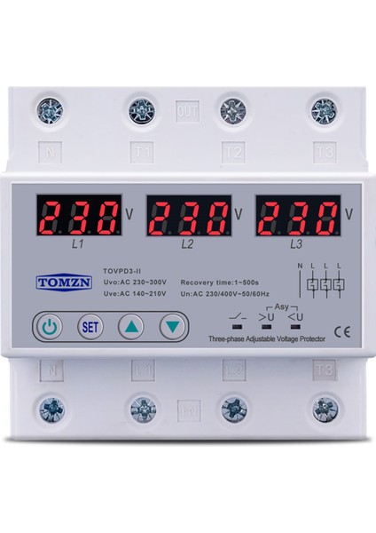 Tomzn Üç Faz Voltaj Koruyucu Üç ve Altında Ayarlanabilir Otomatik Kurtarma Koruyucu Cihaz Sıfırlama 63A 380V (Yurt Dışından)