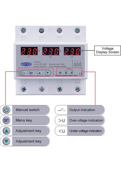 Tomzn Üç Faz Voltaj Koruyucu Üç ve Altında Ayarlanabilir Otomatik Kurtarma Koruyucu Cihaz Sıfırlama 63A 380V (Yurt Dışından) fırsatları