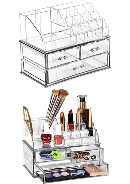 3 Katlı 3 Çekmeceli Kozmetik Düzenleyici Akrilik Makyaj Organizeri Fırça Ruj Takı Saklama Kutusu fiyatları