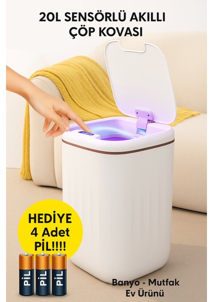 20L Sensörlü Akıllı Antibakteriyel Çöp Kovası Otomatik Kapaklı, Banyo Mutfak 4 Pil Yanında