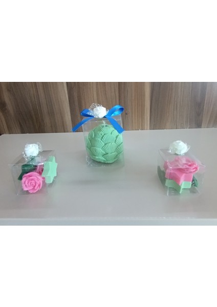 Istiridye ve Gül Yıldız Görünümlü Pembe Yeşil Renk Kokulu Doğal 3lü Dekoratif Mum fiyatları
