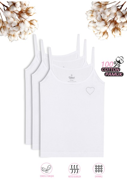 Özkan 0817 3'lü Paket Kız Çocuk %100 Pamuklu Ribana Esnek Rahat Önü Taşlı İp Askılı Atlet