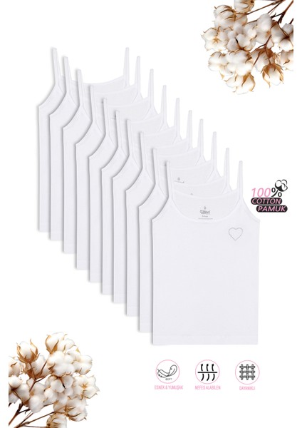 Özkan 0817 10'lu Paket Kız Çocuk %100 Pamuklu Ribana Esnek Rahat Önü Taşlı Ip Askılı Atlet