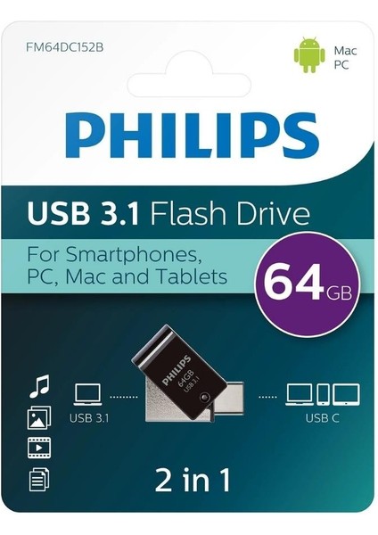 Phılıps 64GB Usb3.1 Type-C 100/150 Mb/s FM64DC152B/00
