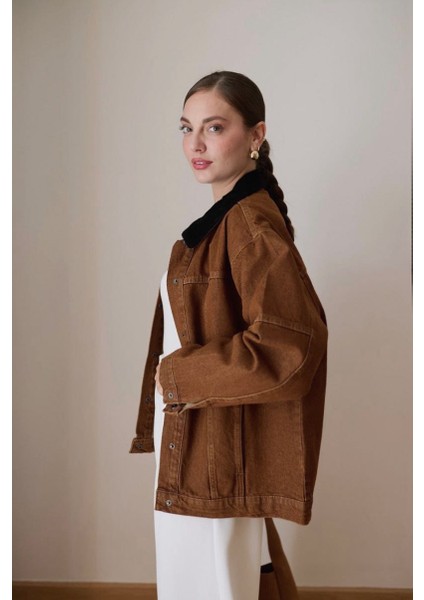 Kadın Taba Kadife Yaka Detaylı Çıt Çıt Düğme Kapamalı Denim Ceket modelleri