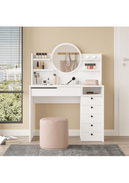 Ocean Makyaj Masası Aynalı Çekmeceli Şifonyer Raf Beyaz ON30-W