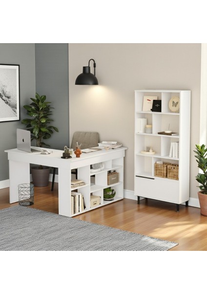 Çalışma Masası & Kitaplık 2'li Set Beyaz