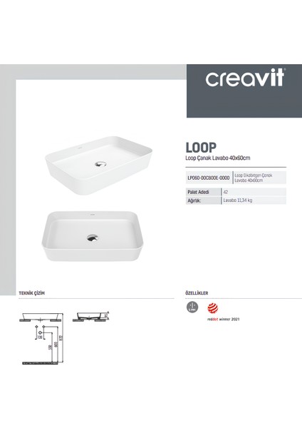 Loop Tezgah Üstü Lavabo 60X40 cm LP060 fırsatları