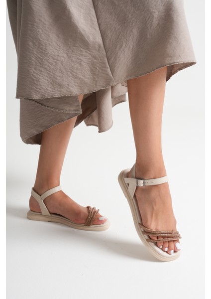 Kadın Spiral Şerit Taşlı Bilekten Bantlı Düz Taban Bej Sandalet fırsatları