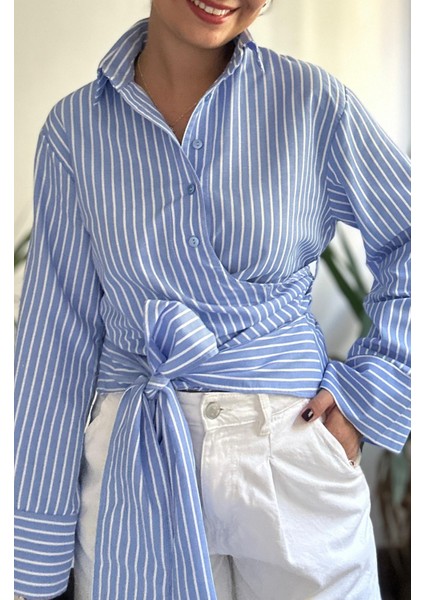 Kadın Mavi Çizgili Ispanyol Kollu Gömlek fiyatları