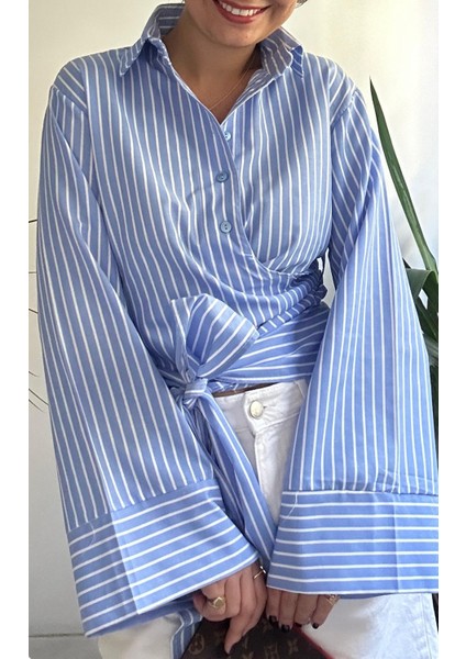 Kadın Mavi Çizgili Ispanyol Kollu Gömlek fırsatları
