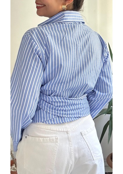 Kadın Mavi Çizgili Ispanyol Kollu Gömlek indirimleri