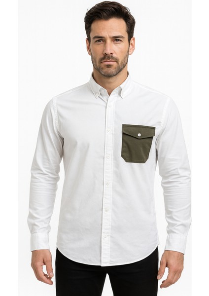 Uzunkol Slim Fit Gömlek Beyaz - Haki