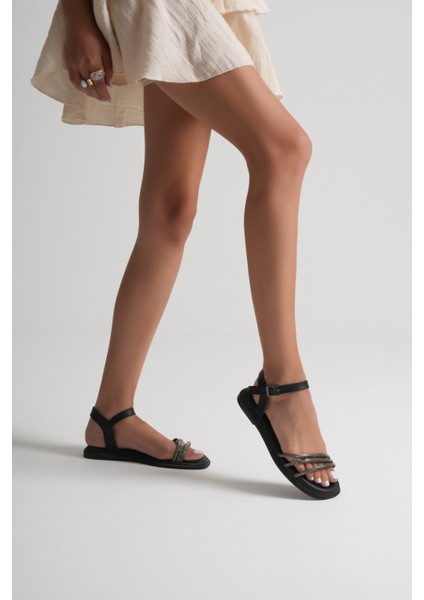 Kadın Spiral Şerit Taşlı Bilekten Bantlı Düz Taban Siyah Sandalet fiyatları