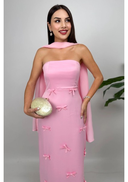 Lilina Straplez Fiyonk Detaylı Şal Aksesuarlı Uzun Pembe Abiye Elbise fiyatları