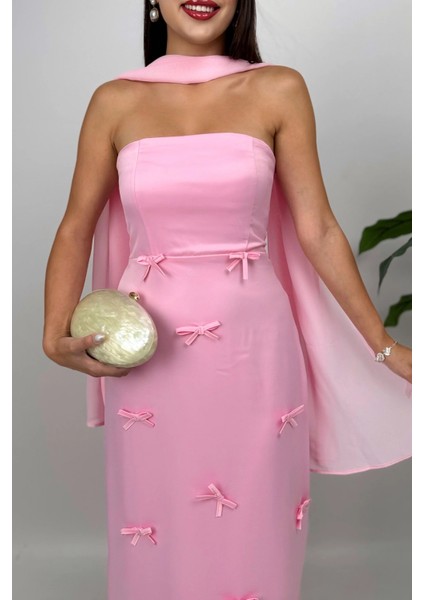 Lilina Straplez Fiyonk Detaylı Şal Aksesuarlı Uzun Pembe Abiye Elbise fırsatları