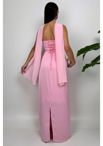 Lilina Straplez Fiyonk Detaylı Şal Aksesuarlı Uzun Pembe Abiye Elbise indirimleri