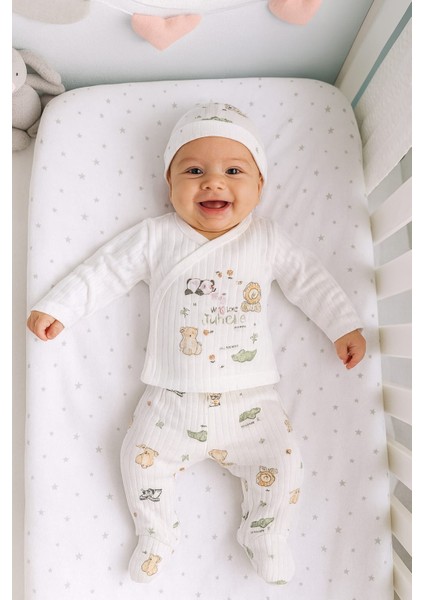 3 Lü Bebek Zıbın Takımı 0-3 Ay %100 Pamuk Kendinden Eldivenli Şirin Desenli