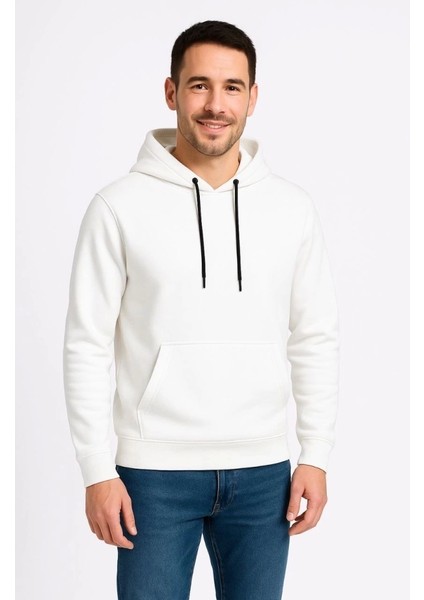 Erkek Üç Iplik Kapüşonlu Kanguru Cepli Sweatshirt Hoodie - Beyaz