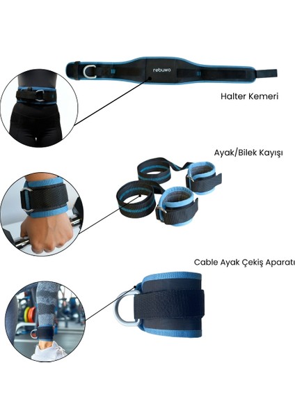 3'lü Fitness Seti | Halter KEMERI(120 Cm) + Ayak/bilek Kayışı + Cable Ayak Çekiş Aparatı