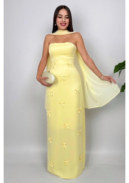 Lilina Straplez Fiyonk Detaylı Şal Aksesuarlı Uzun Sarı Abiye Elbise