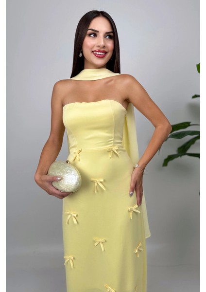 Lilina Straplez Fiyonk Detaylı Şal Aksesuarlı Uzun Sarı Abiye Elbise fiyatları