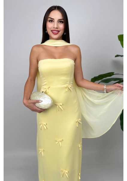 Lilina Straplez Fiyonk Detaylı Şal Aksesuarlı Uzun Sarı Abiye Elbise modelleri