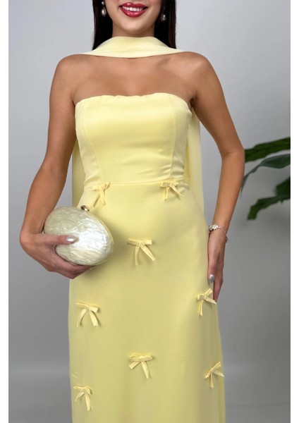 Lilina Straplez Fiyonk Detaylı Şal Aksesuarlı Uzun Sarı Abiye Elbise fırsatları