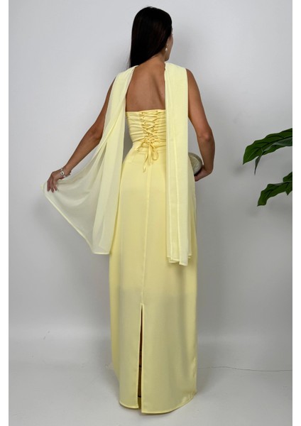 Lilina Straplez Fiyonk Detaylı Şal Aksesuarlı Uzun Sarı Abiye Elbise indirimleri