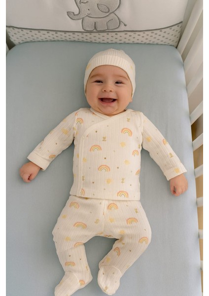 3 Lü Bebek Zıbın Takımı 0-3 Ay %100 Pamuk Kendinden Eldivenli Şirin Desenli