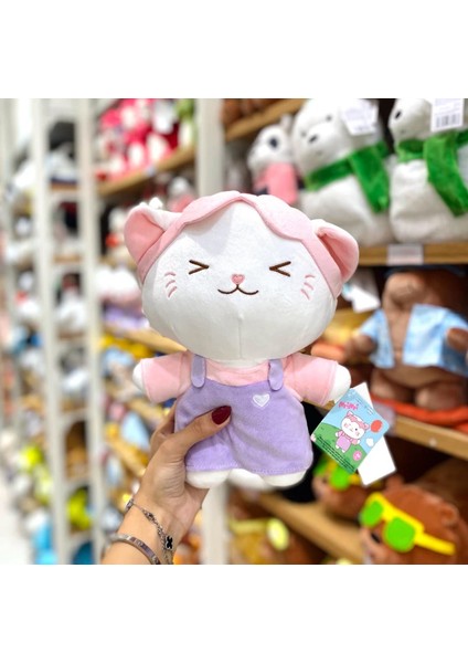 28 cm Giysili Kedi Kalpli Peluş Oyuncak (Mor Kıyafet)