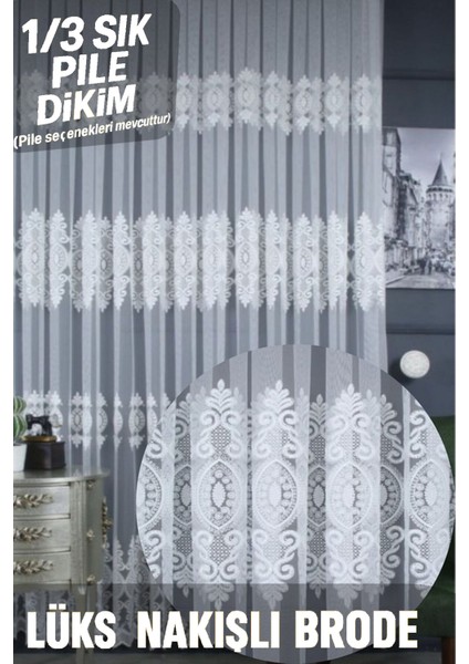 Desenli Tül Perde Ekru Brillant, Ağır Nakışlı Sık Pileli Brode Tül Perde,kırışmaz,ütü Istemez