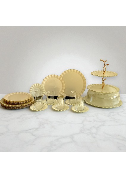 Glore Solid Krem Wavy Altın Yaldızlı 6 Kişilik 34 parça Pasta servis Takımı