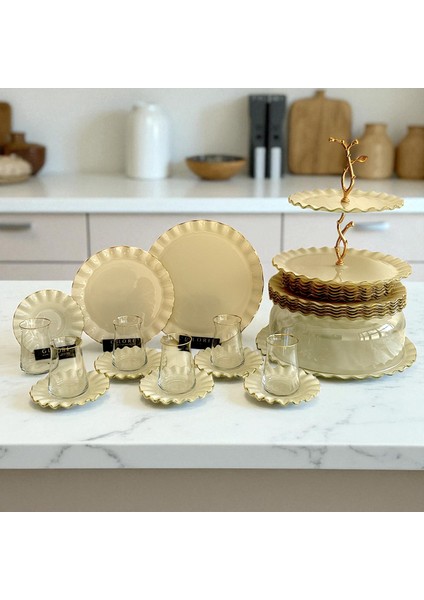 Glore Solid Krem Wavy Altın Yaldızlı 6 Kişilik 34 parça Pasta servis Takımı fiyatları